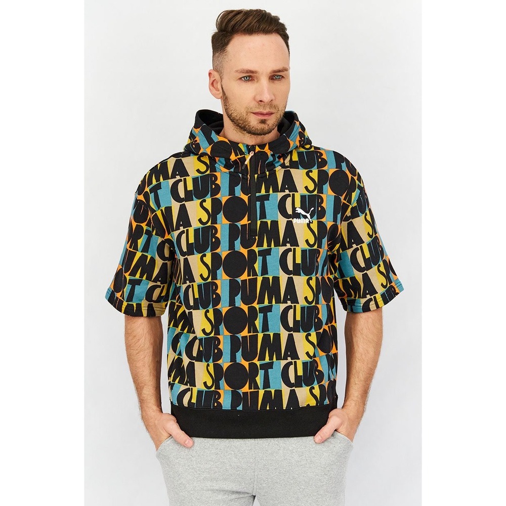 Puma Sport Club All Over Print Short Sleeve Hoodie Mens Black Yellow Blue size S